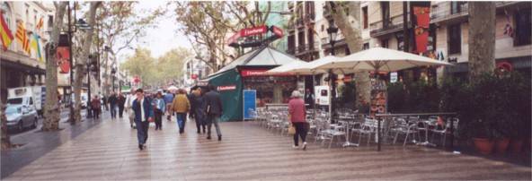 Ramblas bei Liceu mit Strassencafs und Kiosken