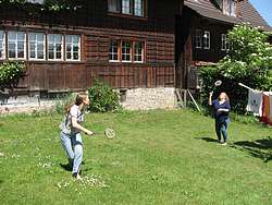 Playing badminton with Helene