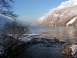 View down the lake from the little wooden bridge