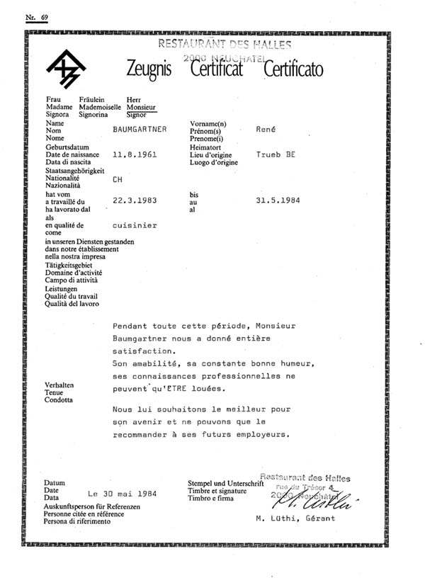 03.1983 - 05.1984 Commis Tournant, Restaurant des Halles, Neuenburg