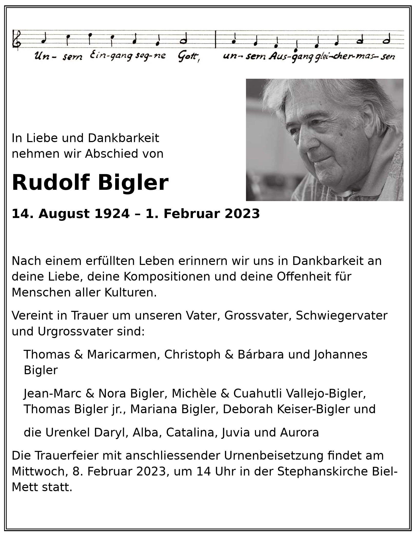 Todesanzeige Rudolf Bigler