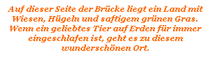 Textfeld: Auf dieser Seite der Br�cke liegt ein Land mit Wiesen, H�geln und saftigem gr�nen Gras. Wenn ein geliebtes Tier auf Erden f�r immer eingeschlafen ist, geht es zu diesem wundersch�nen Ort. 
