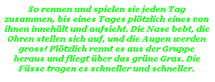 Textfeld: So rennen und spielen sie jeden Tag zusammen, bis eines Tages pl�tzlich eines von ihnen inneh�lt und aufsieht. Die Nase bebt, die Ohren stellen sich auf, und die Augen werden gross! Pl�tzlich rennt es aus der Gruppe heraus und fliegt �ber das gr�ne Gras. Die F�sse tragen es schneller und schneller. 
