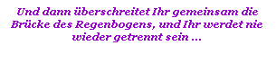 Textfeld: Und dann �berschreitet Ihr gemeinsam die Br�cke des Regenbogens, und Ihr werdet nie wieder getrennt sein ... 
