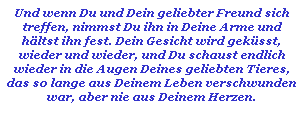 Textfeld: Und wenn Du und Dein geliebter Freund sich treffen, nimmst Du ihn in Deine Arme und h�ltst ihn fest. Dein Gesicht wird gek�sst, wieder und wieder, und Du schaust endlich wieder in die Augen Deines geliebten Tieres, das so lange aus Deinem Leben verschwunden war, aber nie aus Deinem Herzen. 
